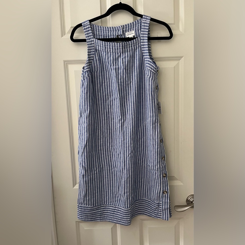 NWT Forcynthia Linen Blend Blue & White striped button dress Size w/pockets S